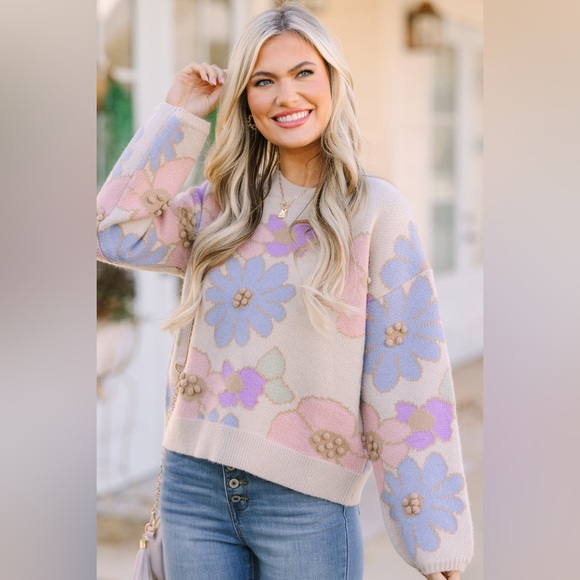 Storia Easy To Love Beige Brown Floral Sweater Size Large - Picture 8 of 12